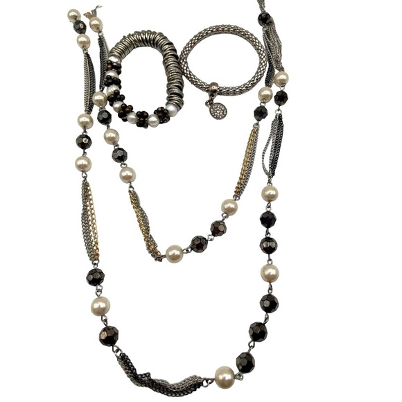 Womens Long Multi-Strand Pearl Necklace Bracelet Set Silver Gold Chains N83 - Picture 2 of 6